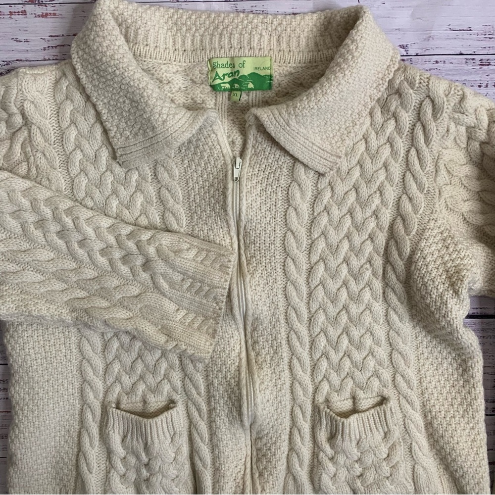 Shades of Aran Ireland Merino Wool Fisherman Zip Pp Knit Cardigan Sweater